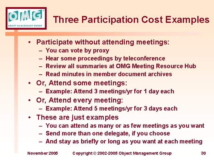 Three Participation Cost Examples • Participate without attending meetings: – – You can vote