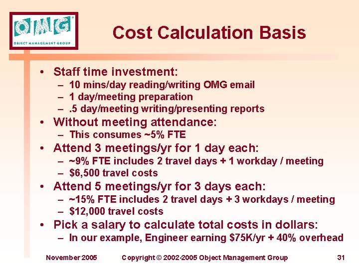 Cost Calculation Basis • Staff time investment: – 10 mins/day reading/writing OMG email –