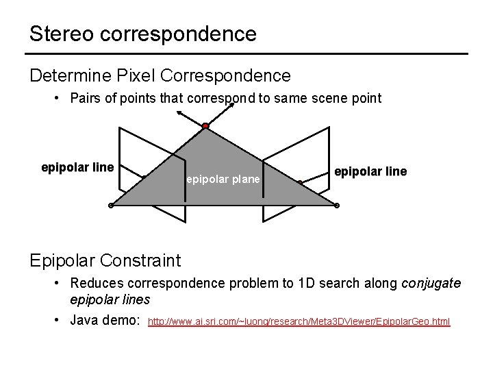 Stereo correspondence Determine Pixel Correspondence • Pairs of points that correspond to same scene