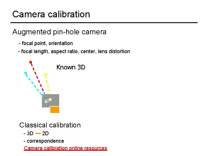 Camera calibration Augmented pin-hole camera - focal point, orientation - focal length, aspect ratio,
