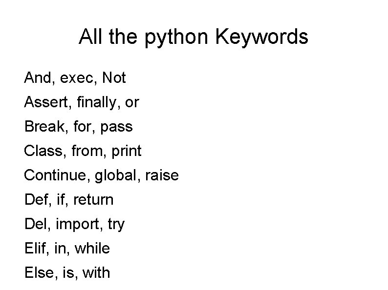All the python Keywords And, exec, Not Assert, finally, or Break, for, pass Class,