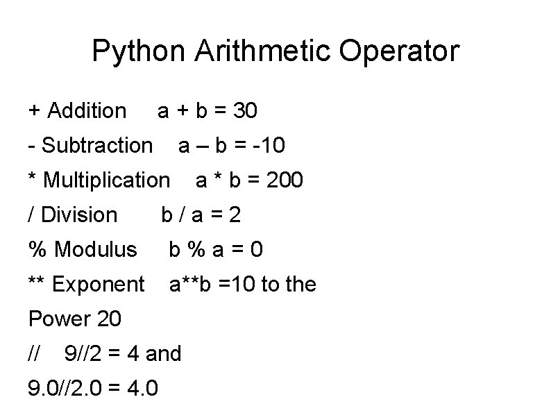 Python Arithmetic Operator + Addition a + b = 30 - Subtraction a –