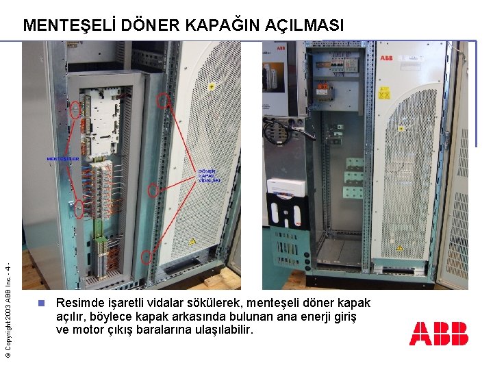 © Copyright 2003 ABB Inc. - 4 - MENTEŞELİ DÖNER KAPAĞIN AÇILMASI n Resimde