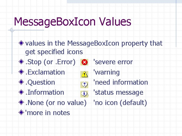Message. Box. Icon Values values in the Message. Box. Icon property that get specified