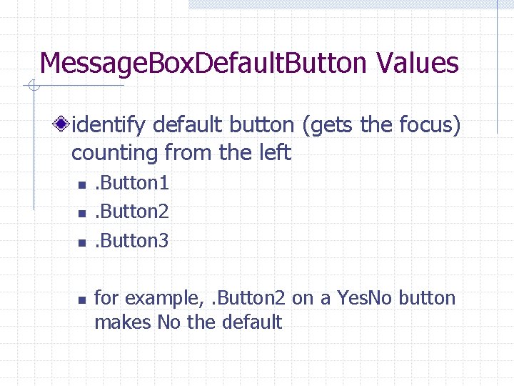 Message. Box. Default. Button Values identify default button (gets the focus) counting from the