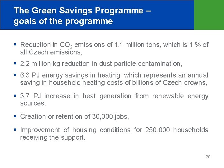 The Green Savings Programme – goals of the programme Reduction in CO 2 emissions