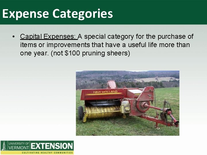 Expense Categories • Capital Expenses: A special category for the purchase of items or