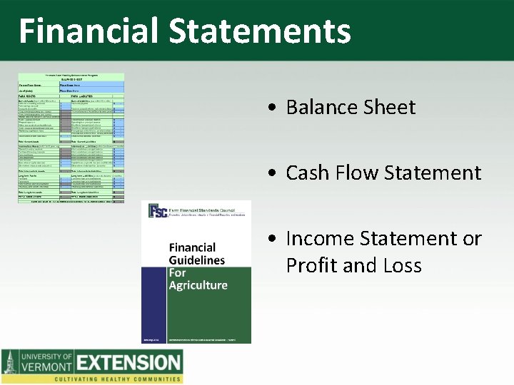 Financial Statements • Balance Sheet • Cash Flow Statement • Income Statement or Profit