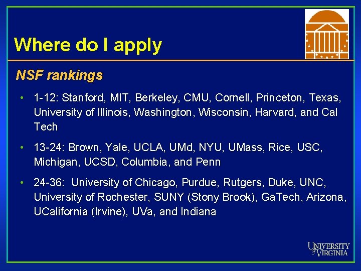 Where do I apply NSF rankings • 1 -12: Stanford, MIT, Berkeley, CMU, Cornell,