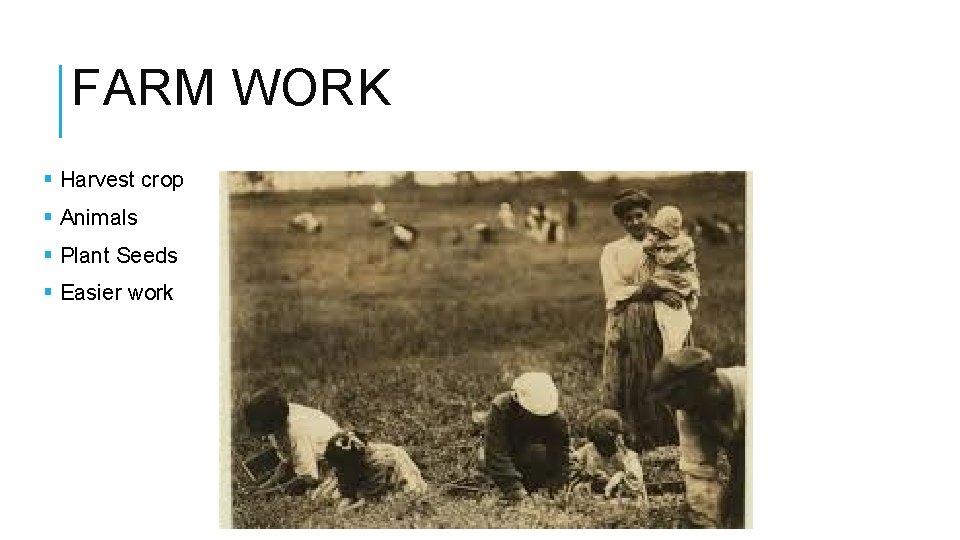 FARM WORK § Harvest crop § Animals § Plant Seeds § Easier work 