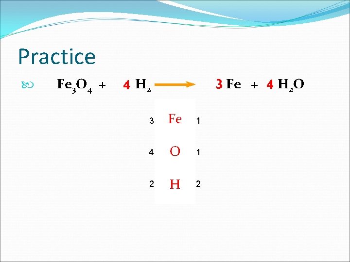 Practice Fe 3 O 4 + H 2 Fe + 3 Fe 1 4