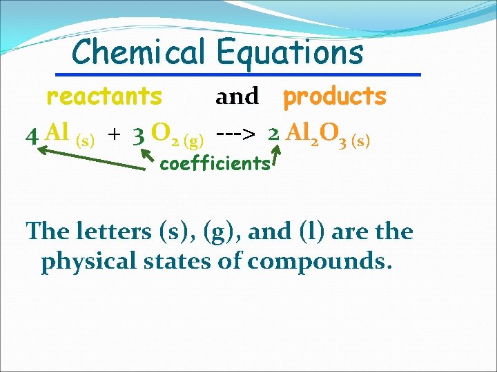 Chemical Equations reactants 4 Al (s) + 3 O 2 (g) and products --->