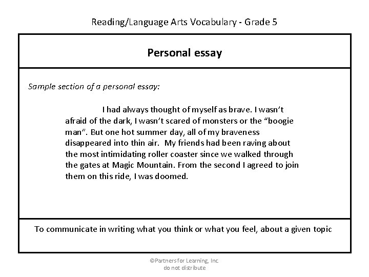 Reading/Language Arts Vocabulary - Grade 5 Personal essay Sample section of a personal essay: