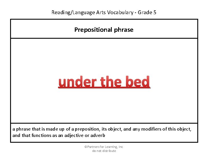 Reading/Language Arts Vocabulary - Grade 5 Prepositional phrase under the bed a phrase that