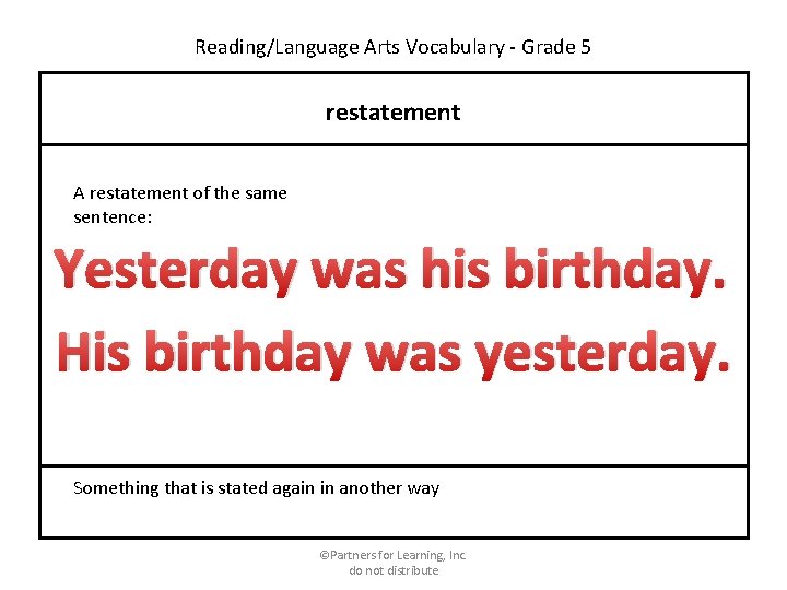 Reading/Language Arts Vocabulary - Grade 5 restatement A restatement of the same sentence: Yesterday