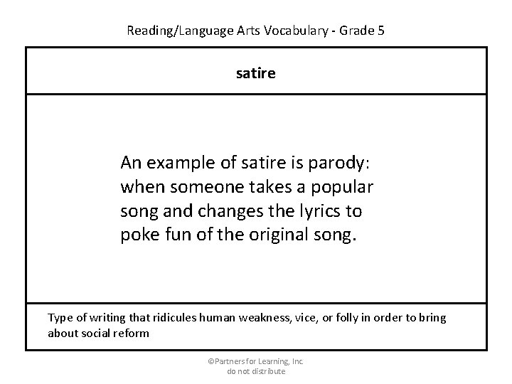 Reading/Language Arts Vocabulary - Grade 5 satire An example of satire is parody: when