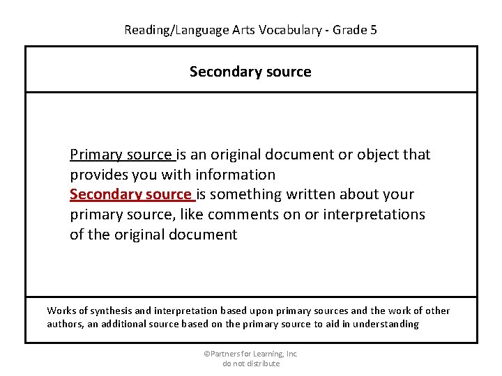 Reading/Language Arts Vocabulary - Grade 5 Secondary source Primary source is an original document