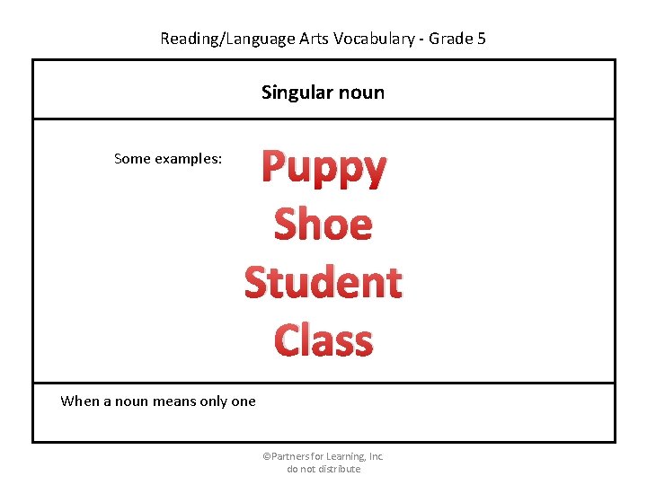 Reading/Language Arts Vocabulary - Grade 5 Singular noun Some examples: Puppy Shoe Student Class