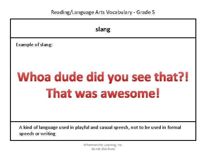 Reading/Language Arts Vocabulary - Grade 5 slang Example of slang: Whoa dude did you