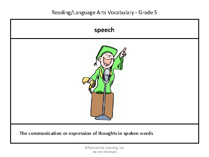 Reading/Language Arts Vocabulary - Grade 5 speech The communication or expression of thoughts in