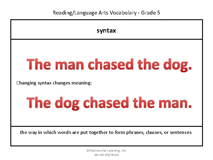 Reading/Language Arts Vocabulary - Grade 5 syntax The man chased the dog. Changing syntax