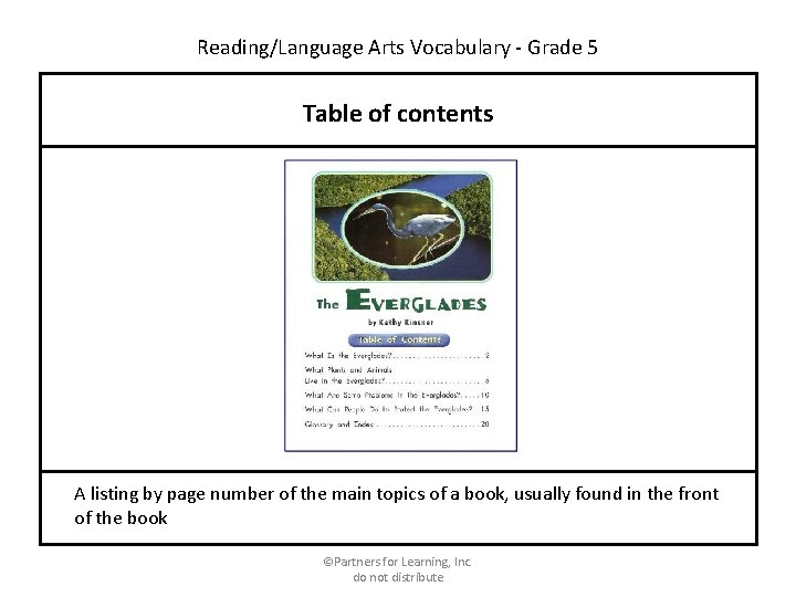 Reading/Language Arts Vocabulary - Grade 5 Table of contents A listing by page number