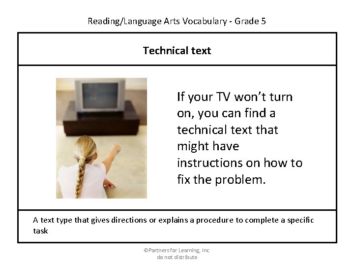 Reading/Language Arts Vocabulary - Grade 5 Technical text If your TV won’t turn on,