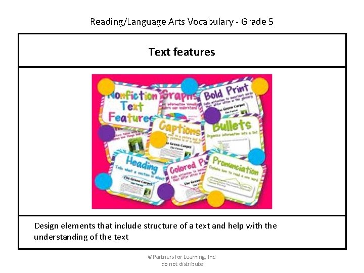 Reading/Language Arts Vocabulary - Grade 5 Text features Design elements that include structure of