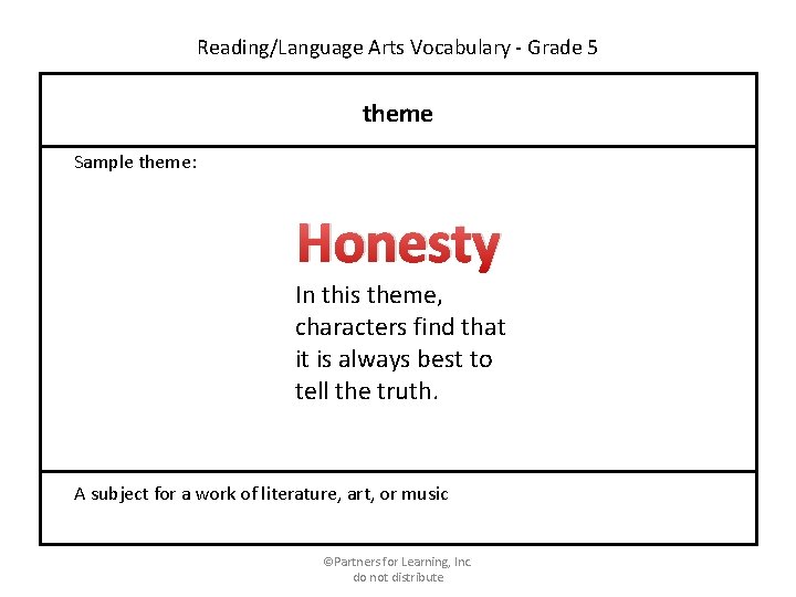Reading/Language Arts Vocabulary - Grade 5 theme Sample theme: Honesty In this theme, characters