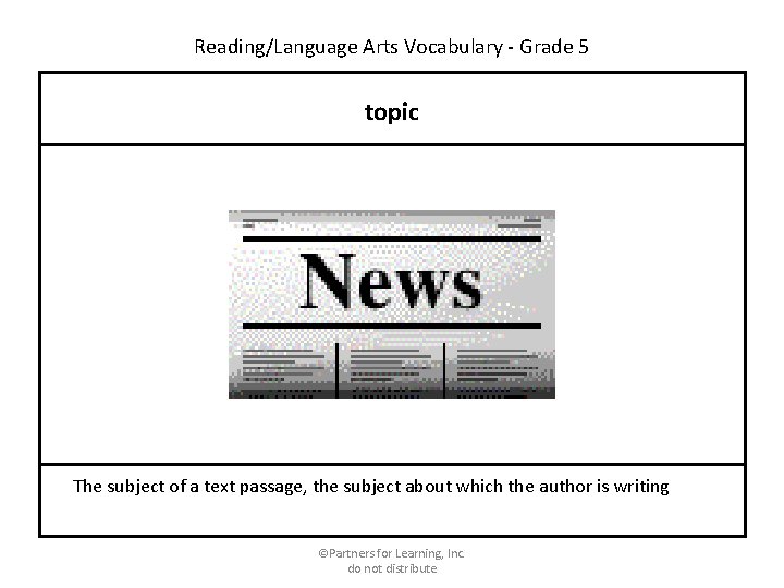 Reading/Language Arts Vocabulary - Grade 5 topic The subject of a text passage, the