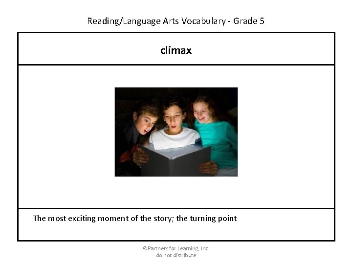 Reading/Language Arts Vocabulary - Grade 5 climax The most exciting moment of the story;