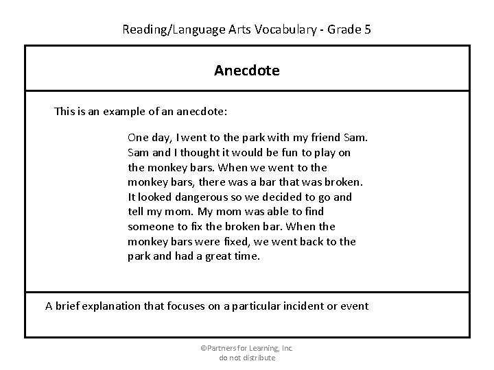 Reading/Language Arts Vocabulary - Grade 5 Anecdote This is an example of an anecdote:
