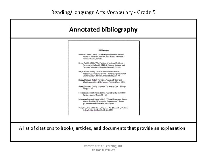 Reading/Language Arts Vocabulary - Grade 5 Annotated bibliography A list of citations to books,