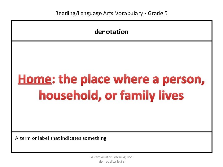 Reading/Language Arts Vocabulary - Grade 5 denotation Home: the place where a person, household,