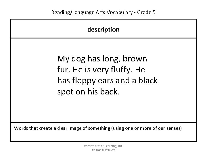 Reading/Language Arts Vocabulary - Grade 5 description My dog has long, brown fur. He