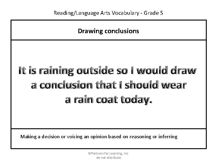 Reading/Language Arts Vocabulary - Grade 5 Drawing conclusions It is raining outside so I