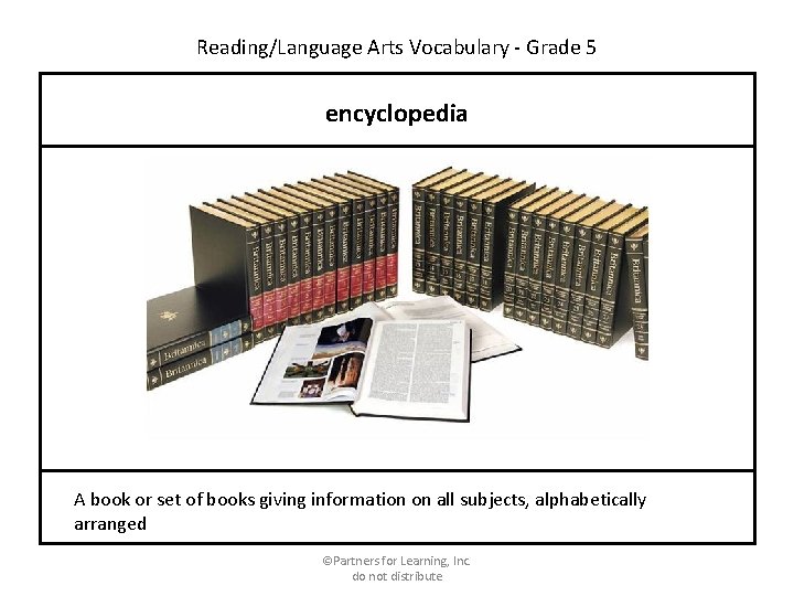 Reading/Language Arts Vocabulary - Grade 5 encyclopedia A book or set of books giving