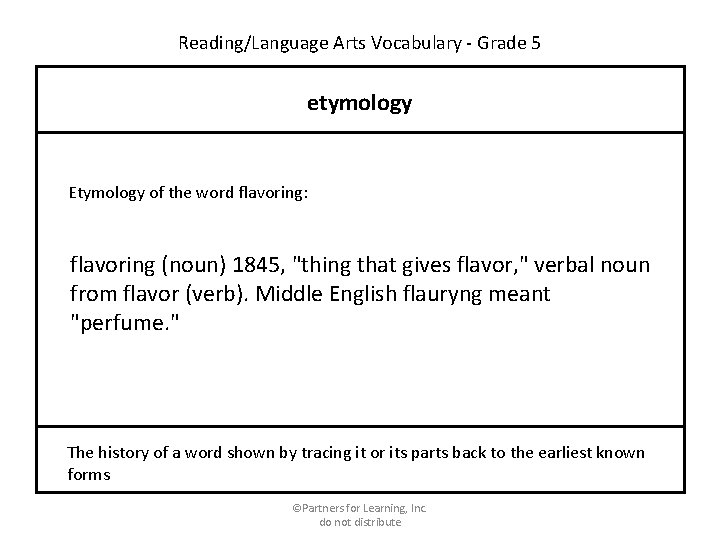 Reading/Language Arts Vocabulary - Grade 5 etymology Etymology of the word flavoring: flavoring (noun)