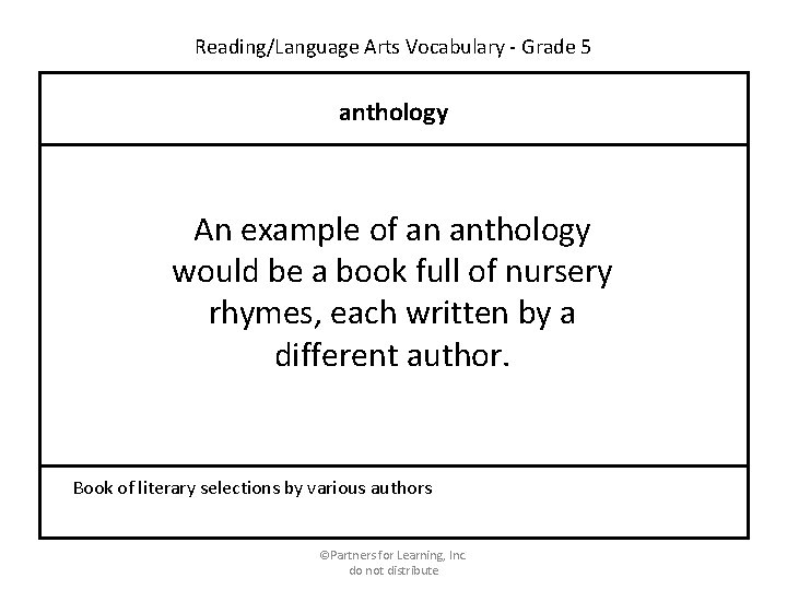 Reading/Language Arts Vocabulary - Grade 5 anthology An example of an anthology would be