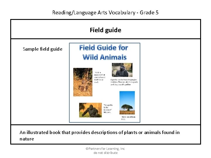 Reading/Language Arts Vocabulary - Grade 5 Field guide Sample field guide An illustrated book
