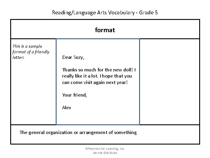 Reading/Language Arts Vocabulary - Grade 5 format This is a sample format of a