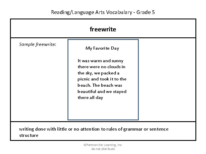 Reading/Language Arts Vocabulary - Grade 5 freewrite Sample freewrite: My Favorite Day It was