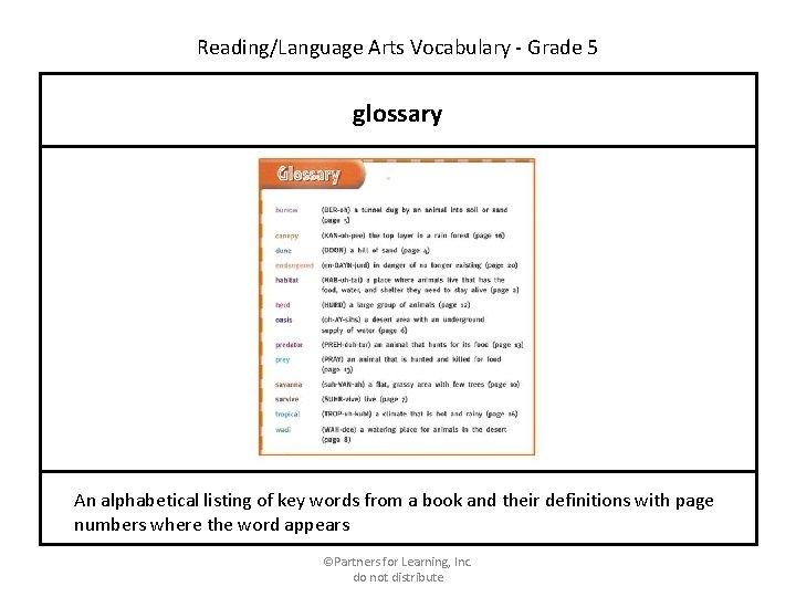 Reading/Language Arts Vocabulary - Grade 5 glossary An alphabetical listing of key words from