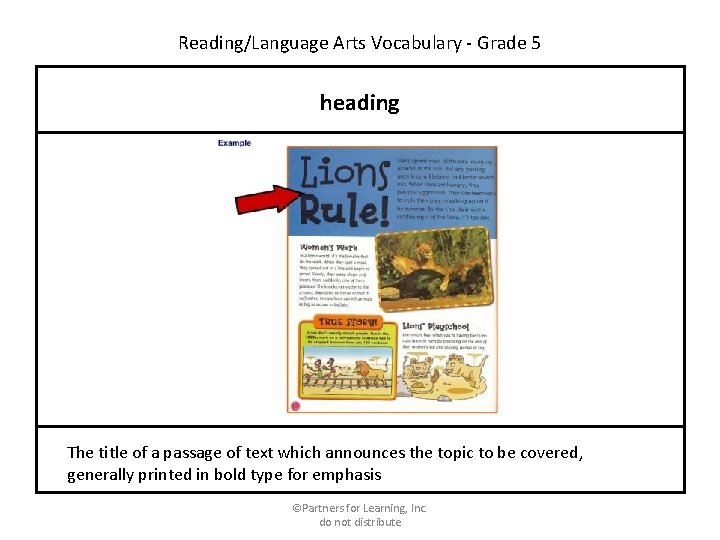 Reading/Language Arts Vocabulary - Grade 5 heading The title of a passage of text