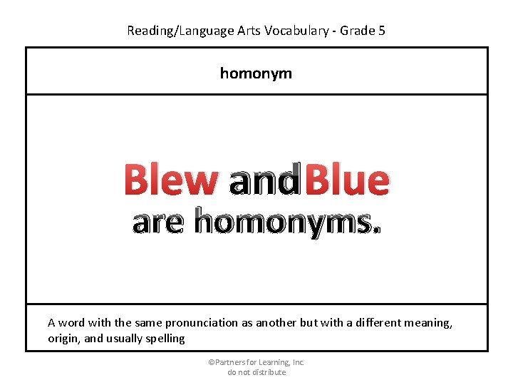 Reading/Language Arts Vocabulary - Grade 5 homonym Blew and Blue are homonyms. A word