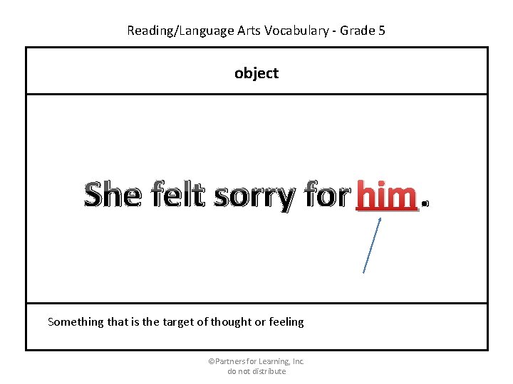 Reading/Language Arts Vocabulary - Grade 5 object She felt sorry for him. Something that
