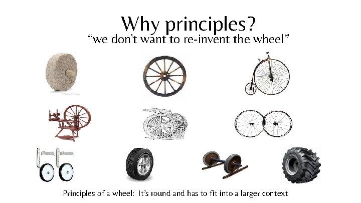 Why principles? “we don't want to re-invent the wheel” Principles of a wheel: It’s