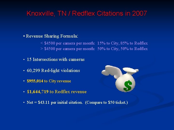 Knoxville, TN / Redflex Citations in 2007 • Revenue Sharing Formula: < $4500 per