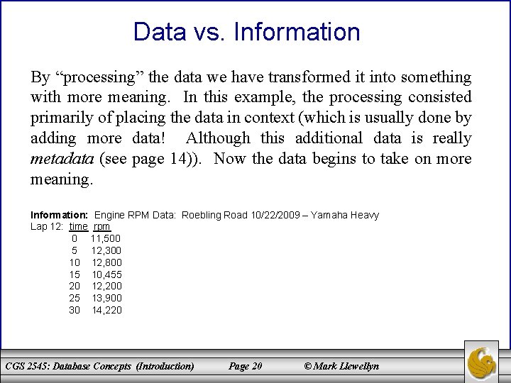 Data vs. Information By “processing” the data we have transformed it into something with