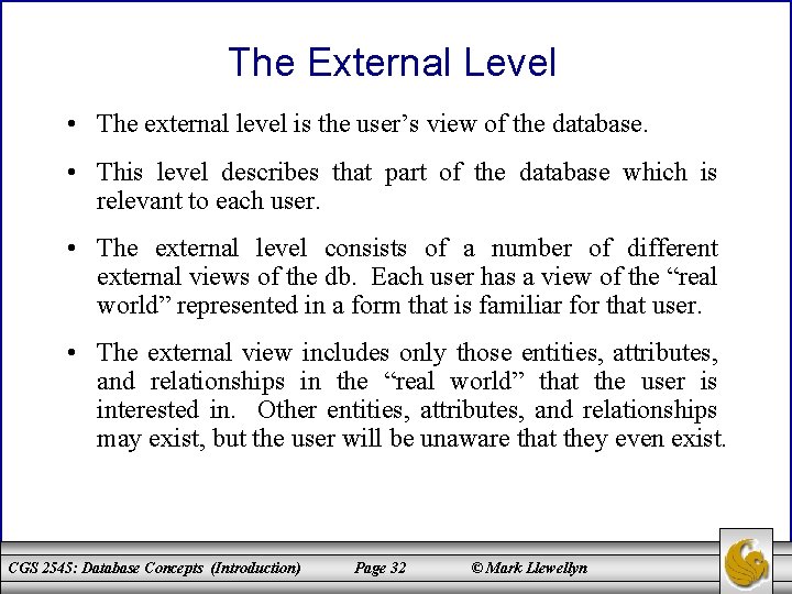 The External Level • The external level is the user’s view of the database.